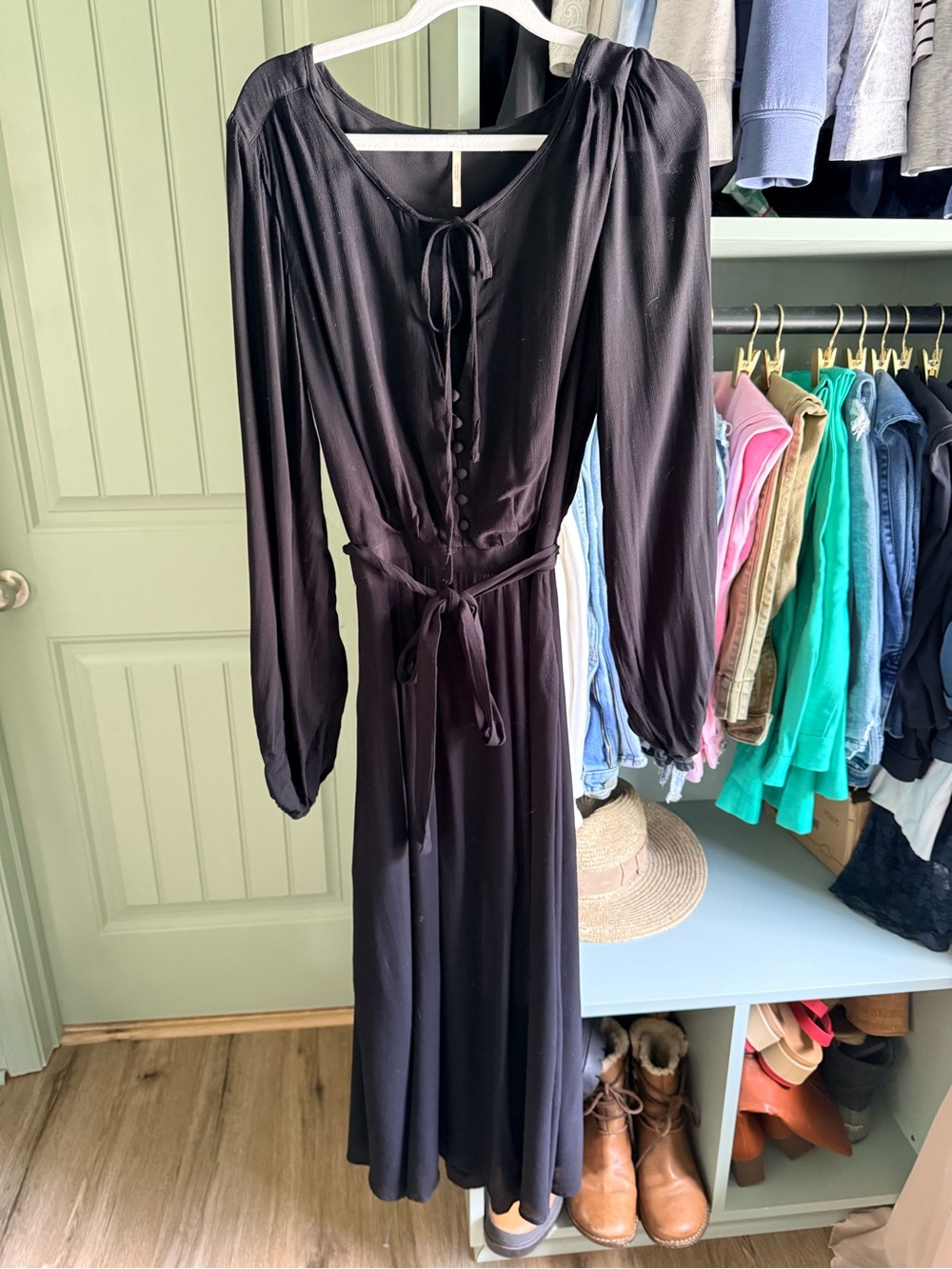 Free People Black Long Sleeve Midi Dress with Tie Waist